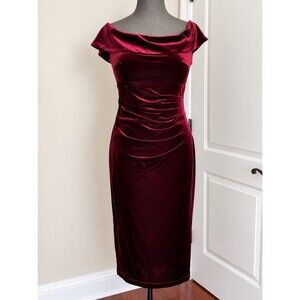 Xscape Off-Shoulder Velvet Dress in Burgundy